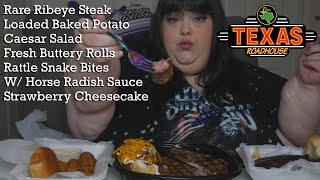 My First Time Trying Texas Roadhouse Rare Ribeye and Sides Mukbang