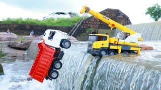 Dump Truck Trolley Accident Waterfall Pulling Out Crane ? Jcb Gadi Wala Cartoon | Tata Tipper CS Toy