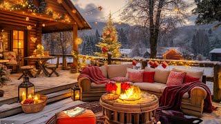 Winter Cozy Cabin in Forest with Snow Falling, Crackling Campfire and Relaxing Ambience