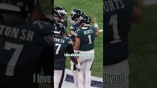 The Eagles react to Jalen Hurts' 46-yard touchdown pass to DeVonta Smith in SBLIX #shorts