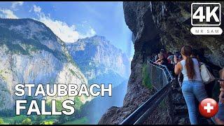 Visit of Staubbach falls in Lauterbrunnen , Switzerland's highest freefalling waterfall - 4K