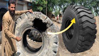 Caterpillar Monster Tire Repairing || Repairing A Huge Old Tire Sidewall || Tire Repair
