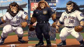 [AI FURRY ART] anthro, furry, lion, baseball uniform, baseball stadium, male