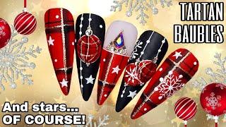 ️ Tartan Baubles | Snowflakes & Stars | Christmas Nail Art Design | Gel Polish | Black Red Gold