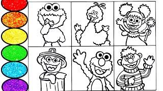 How to draw Sesame Street - Cookie Monster Elmo Abby and others- Glitter painting for kids