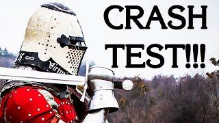 Crash test of medieval helmet. Falchion, ax, polex, halberd against tophelm.