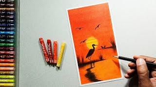 Day-5 || Easy Riverside Landscape Sunset Scenery Drawing || Sunset Painting || Oil Pastel Drawing