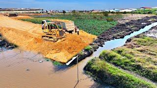 Perfect Heavy Dump Truck Started Dumping Rocky Soil Fill Huge Project, KOMATSU Dozer D58E Pushing