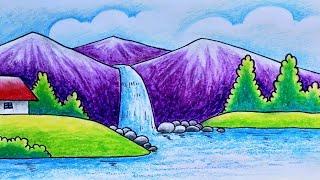 Easy Nature Scenery Drawing/ Waterfall Drawing Easy / प्राकृतिक दृश्य कैसे बनाएं / Prakritik Drishya