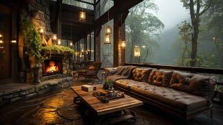 Warm Jazz Instrumental Music at Cozy Cabin Balcony Ambience - Soft Jazz & Rain Sound for Relaxing ️