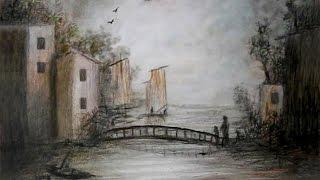 Drawing Landscape, sketches for beginners, drawing scenery village, Folk Art on Paper