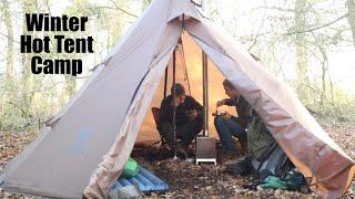 Winter Camping with my Son and my Dog.  Hot Tent Overnight Camp.  Tent Heater.  Kebabs.