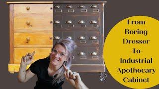 Transform A Boring Wooden Dresser Into An Industrial Apothecary Cabinet | Beginner Friendly