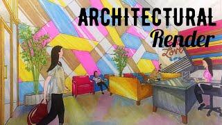 SIMPLE ARCHITECTURAL RENDER | Interior perspective | Touch FIVE markers and watercolor | Time-lapse