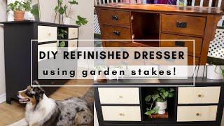 DIY Refinished Dresser using dollar store garden stakes!