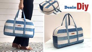 sewing diy a denim travel bag from old jeans , travel bag tutorial, jeans bag diy, old jeans reuse.