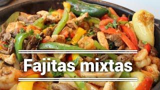 Fajitas mixtas de res, pollo y camarón. RECETA FACIL Y DELICIOSA.