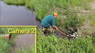 Unclogging 2 Completely Clogged Pipes Releasing Blast Filling Dowstream Pond