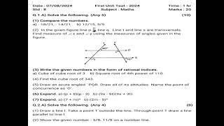 Class 8 Maths Question paper | First Unit Test - 2024 | #modelquestionpaper