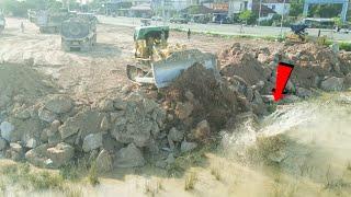 Update Large Project Filling Up Big Stone Mixed Rock Into Water Area By Bulldozer KOMATSU Team With