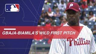 Akbar Gbaja-Biamila throws out an abysmal first pitch