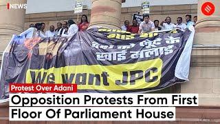 Adani Row: Opposition Protest From First Floor Of Parliament House Demanding JPC