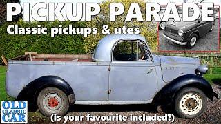 A parade of classic pickups - pickup trucks from Austin, Morris, Bedford, Chevy, Ford & other makers