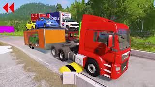 Double Flatbed Trailer Truck vs Speedbumps Train vs Cars Beamng.Drive #104 With Reverse