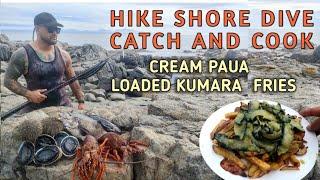 HIKE + SHORE DIVE ( CATCH AND COOK/CREAM PAUA LOADED FRIES) CRAYFISH + KINA