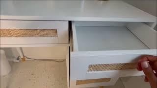 Anmytek White Rattan Writing Desk With Drawer Cabinet Laptop Computer Work Study Table for Bedroom