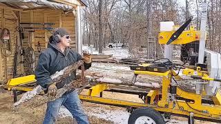 Using the New Power Feed for the First Time on the Frontier OS27 Sawmill.