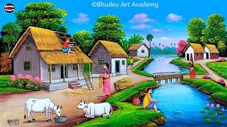 Beautiful Village Landscape Scenery Painting| Indian Village Scenery Painting With Earthcolor