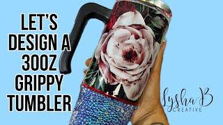 Dark floral rhinestone design on a 30oz Grippy, floral tumbler design, removing a handle to epoxy