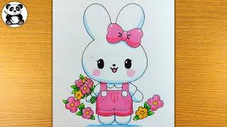 Cute bunny holding flowers drawing and colouring for kids | cute animals drawing ​⁠| kids learning