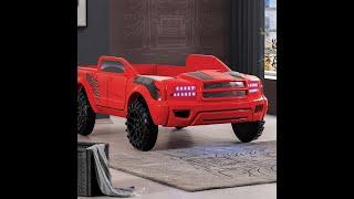 FOA7725RD Hokku designs roverton Red off road truck style jeep design twin size kids bed led lights