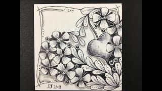 Easy zentangle - Meditative Valentine art - Hearts and flowers.