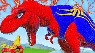 One Spiderman T-Rex vs Other Big Colorful Super Dinosaurs vs Trex Skeleton Adventure Funny Dinosaurs