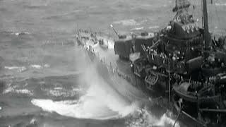 USS Healy (DD-672) refueling from USS Essex (CV-9) in rough seas on January 13, 1945 - Footage