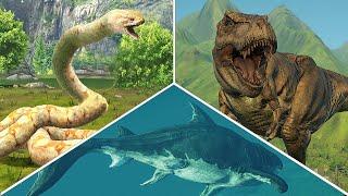 T REX VS TITANOBOA SNAKE VS MEGALODON SHARK- BATTLE | WHO WOULD WIN ? JURASSIC WORLD EVOLUTION 2