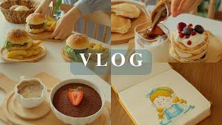 Vlog| Hamburger Menu  Pancakes  Tiramisu, Crispy Potato, Watercolor, Cold Tea 