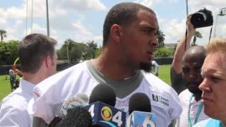 Mike Pouncey speaks with media during Miami Dolphins OTA