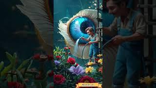 Step into a surreal fantasy where a miniature man cleans a massive blue eyes. #markiesai #aishorts