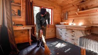Handcrafted forest cabin interior, Wooden tiny house, rain and thunderstorm