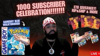 1000 Sub Party!! ETB Giveaway! Pokemon Blue Game Walk Through! And More!