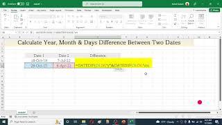 Calculate Difference Between two Dates in Excel in the form of Year, Month and Day