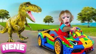 Monkey NeNe Rides A LEGO Car Toy To Escape From Dinosaurs Attacking The City | NENE ANIMAL MONKEY