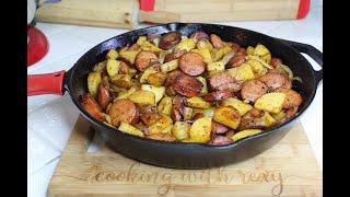 Cast Iron Home Fries with Sausage & Onions | Layers of flavor