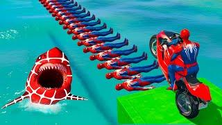 GTA 5 Crazy Ragdolls | Superheroes on a motorcycle ride over the sea on Spider-Man Bridge by Shark