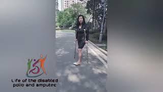 Beautiful woman with amputated leg walking with crutches #amputee