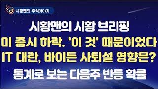 주식 시황. 미 증시 하락 유발한 이유 총정리. 우리 증시 영향?  IT 대란, 바이든 사퇴설, 완주 의지. 증시 반응. 이런 종목만 골라서 올랐다. 통계로 보는 다음주 반등 확률